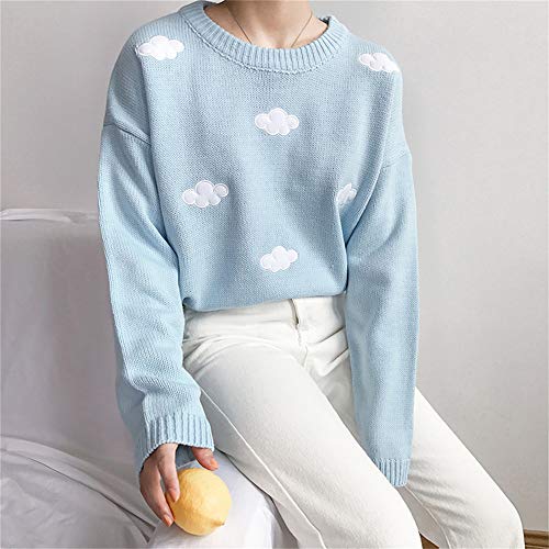 Women Harajuku Wild College Wind Loose Cloud Sweater Female Kawaii Ulzzang Vintage Cute Punk Pullover Thick Casual Jumper (Blue, Onesize) #TOP4