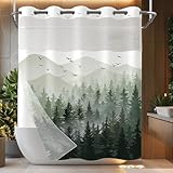 Accnicc No Hook Shower Curtain with Snap in Liner Sage Green Misty Forest Hookless Shower Curtains for Bathroom Foggy Nature Pine Tree Mountain Woodland Waterproof Fabric Bath Curtain Decor 71×74In