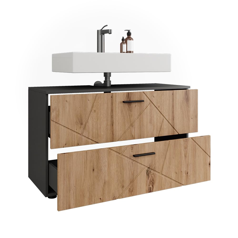 Vicco Meuble sous Vasque Irma, Anthracite/Chêne de Force doré, 100.1x60.6cm avec 2 tiroirs, Convient aux lavabos Standards avec découpe pour Siphon