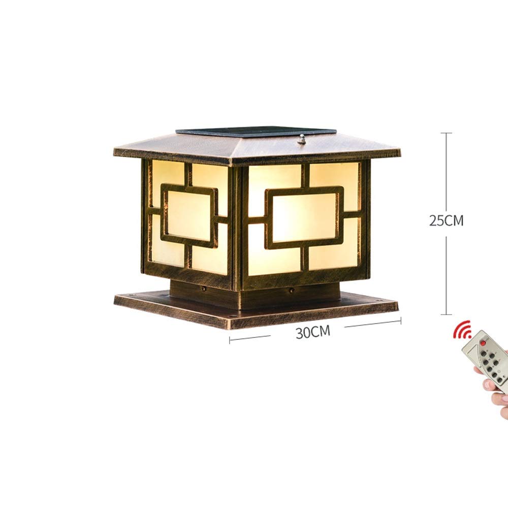 Lampe solaire extérieure rétro vintage IP65 étanche paysage LED lampadaire rue pelouse lanterne en verre en aluminium vitrine patio porche colonne lampe avec intelligent, lumière blanche-or 30 cm