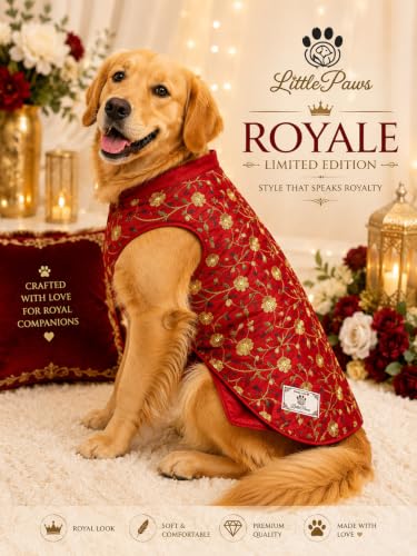 Image of LittlePaws Royale Embroided Dog Kurta Sherwani for Small & Medium Dogs - Premium Embroidered Dog Dress for Weddings & Festivals | Ethnic Pet Outfit (Red, M) L - 17 in W - 20 in