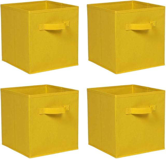 Ansley&HosHo-EU Set of 4 Storage Box Cube Wardrobe Storage Organiser Fabric Collapsible with Handle for Kids Toys Clothes Laundry Underwear Bedroom, Yellow