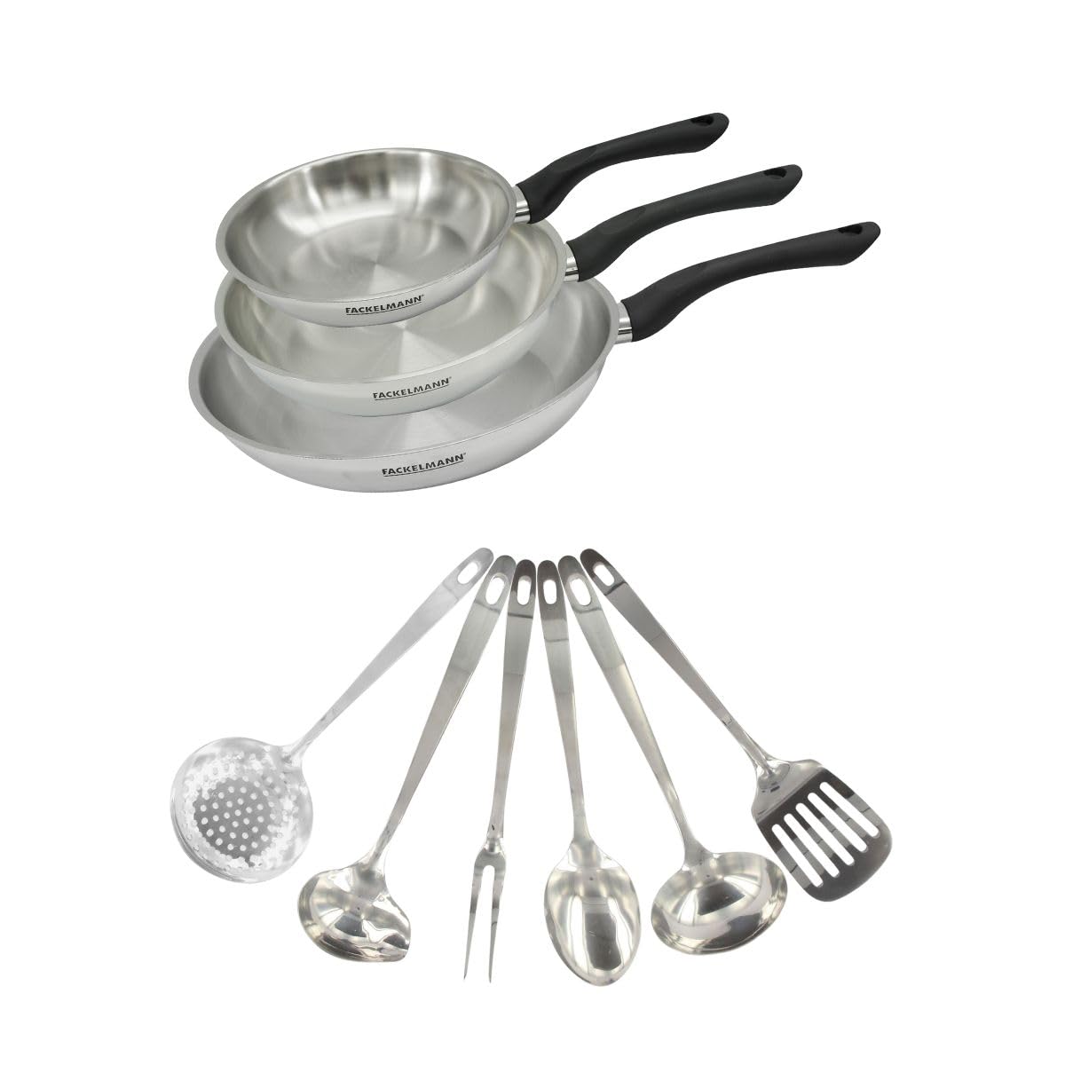 Fackelmann Set 3 poêles inox 20, 24 et 28 cm avec 6 ustensiles inox | Cuisson sans revêtement, 3 poêles 20 24 28 cm, Inox 18 8, 6 ustensiles inox, Induction four gaz vitro, Lave vaisselle