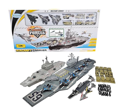 Ultimate Large Aircraft Carrier Battle Fleet, Mini Catapult Carrier Battle Set with Military Vehicles, Torpedoes, and Fighter Jets