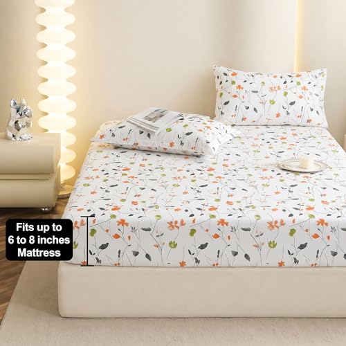 Image of IVAZA Ezyption Cotton Super Soft 240 TC Elastic Fitted All Around Elastic Printed King Size Double Bed Bedsheet with 2 Pillow Cover 72 inch X 78 inch3 White Orange