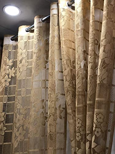Image of Fabrilia Heavy Polyester Net Semi Transparent Fancy Grommet Semi Sheer Curtains , Floral Design, Brown, Long Door- 4 Feet X 9 Feet, Pack Of 2 Pcs