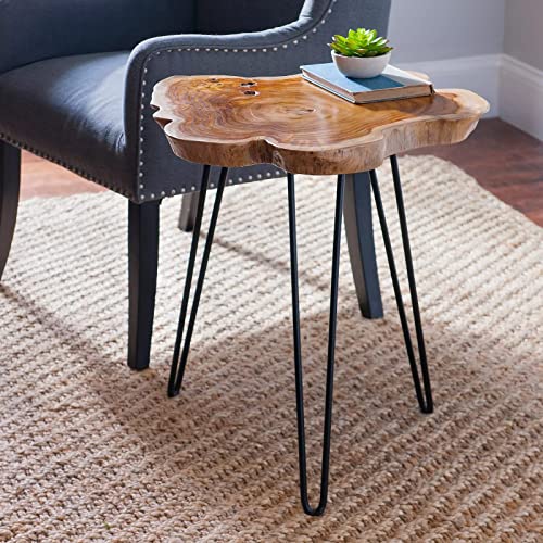 Image of Arico Natural Tree Bark End Table /Coffee Table /Bedside Table with Hairpin Metal Legs (Irregural Natural)