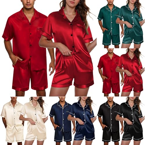 Matching Couple Pajamas Set Shorts Button Down Silk Pjs Short Sleeve Sleepwear 2 Pcs Loungewear4