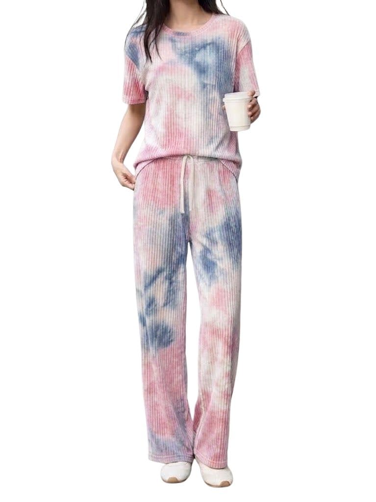 smowkly Women's Cotton Blend Tie-dye Relaxed Fit Stylish Pajama Sets || Short Sleeve Top & Long Pant Sleepwear Pjs Lounge Set Co-ords Outfit with Pockets-picture-13