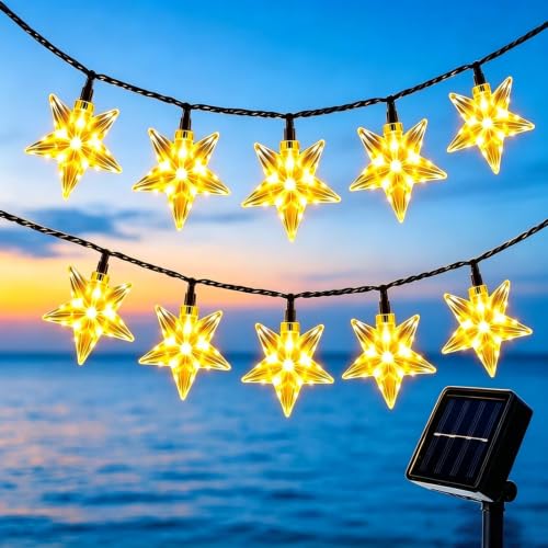 Solar Star Lights Outdoor - 50 LED Solar String Lights Outdoor Waterproof 30.68ft Solar Powered Star String Lights Warm White Twinkle Fairy Lights for Garden Fence Yard Decorations 8 Modes