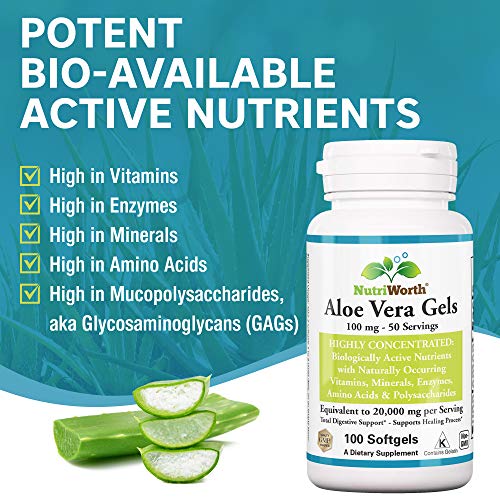 Nutriworth Aloe Vera Supplement (100 Softgels ) 20,000Mg Pure Gel Equivalency – Made With Organic Aloe Vera #TOP1