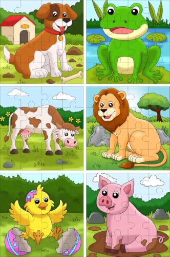 Kit 6 Quebra-Cabeças Infantis, Animais da Fazenda, 16 Peças Cada, 3+ Anos, 14x14 cm