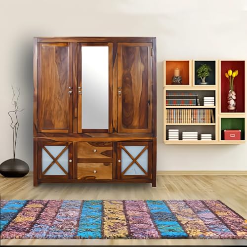 Image of Cross Pattern Solid Wood 3-Door Wardrobe with Mirror in Provincial Teak Finish