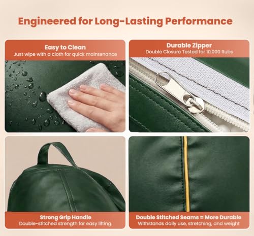 Image of Sattva Piping 3XL Sofa Style Bean Bag Chair with Beans Filled | Faux Leather Bin Bags Sofa Combo with Footstool & Cushion | Large Beanbags for Adults, Teens & Home - Dark Green with Yellow Piping