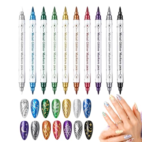 10 Color Dual Tip Metallic Nail Art Markers for Nail Drawing & DIY