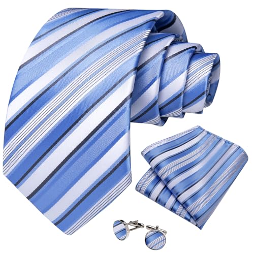 Image of DiBanGu Striped Tie Set for Men Silk Woven Plaid Necktie and Pocket Square Cufflinks Business Wedding