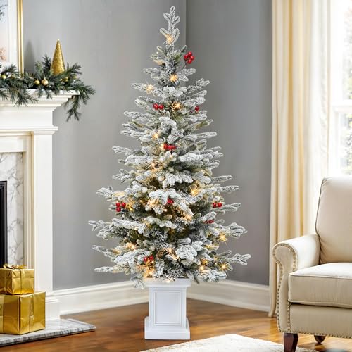 DWVO 6 FT Slim Pre-lit Flocked Arctic Fir Pencil Tree, Potted Christmas Tree with 15 Red Berries, 520 PE & PVC Branch Tips, and 150 Lights for Home and Office Decor