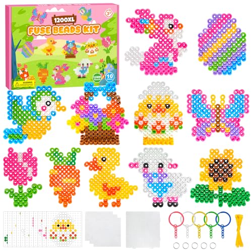 Vexyra Cuentas para Planchar 10mm, 1200 PCS Pascua XL Fuse Beads 10 Colores con Plantilla de Planchado, 11 Patrones 3 Papeles para Planchar 5 llaveros y Accesorios Regalos de Pascua para Niños