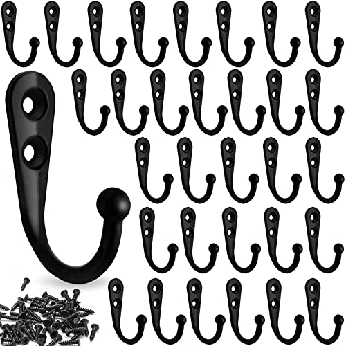 Menecor 32 Pack Small Wall Mounted Single Prong Robe Coat Hooks,Retro Design No Scratch Rustic Coat Hooks Key Hook For Home Bath Kitchen And More,Including 64 Pcs Screws (Black) #TOP23