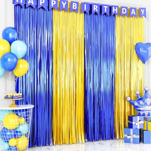 Blue and Gold Party Decorations, 2 Pack 3.3x6.6ft Royal Blue and Gold Foil Fringe Curtains Tinsel Foil Photo Booth Prop Streamer Backdrop for Graduation Prom Wedding Birthday Party Decorations