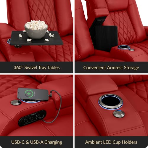 Image of Seatcraft Diamante Red Italian Leather Home Theater Seating, Zero Gravity Power Recliner Gaming and Home Office Chair, Powered Headrest Lounge Sofa Furniture for Cinema Room, Row of 4