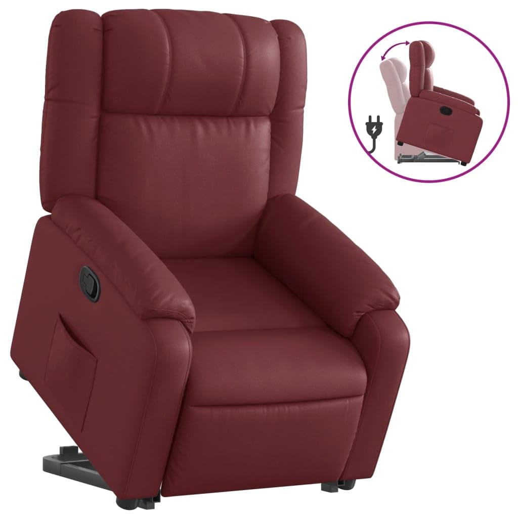 Fauteuil rehausseur inclinable en similicuir rouge vin avec moteur électrique et inclinaison manuelle à 135 degrés pour une assise confortable et un levage assisté