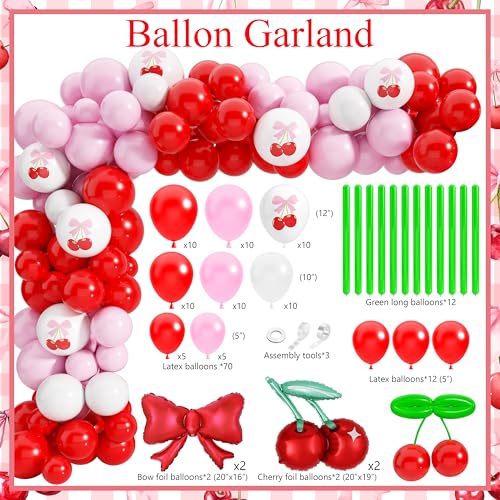 Image of Cherry Baby Shower Party Decorations Kit - Includes She's The Cherry On Top Banner, Balloon Arch, Backdrop, Tablecloth & Cake Toppers for Women Girls Cherries Themed Party Supplies