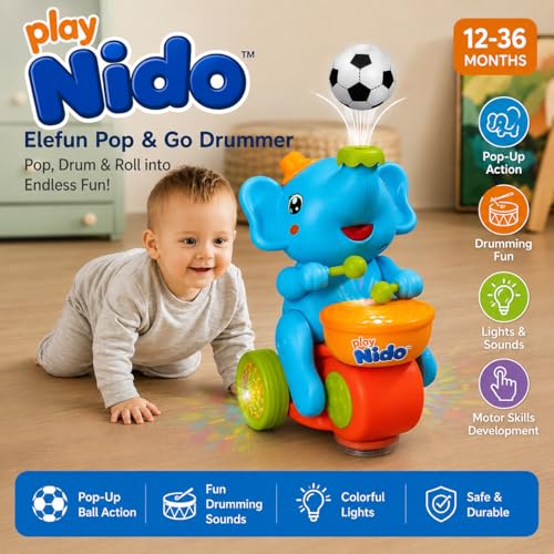 Image of Musical Elephant Toy for Kids with Lights, Drumming Action & Floating Ball | Moving Universal Wheel Toy with Music | Baby Crawling & Toddler Learning Toy for Boys & Girls 1+ Years