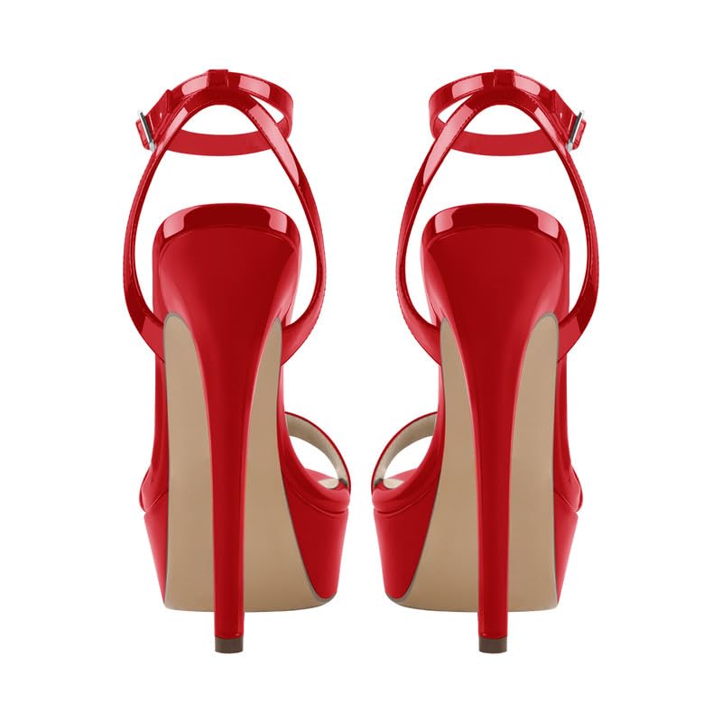 onlymakerheels Platform Stiletto High Heels for Women, Round Open Toe Ankle Strap Sexy Heeled Sandals for Wedding Party Dress: 5 Red