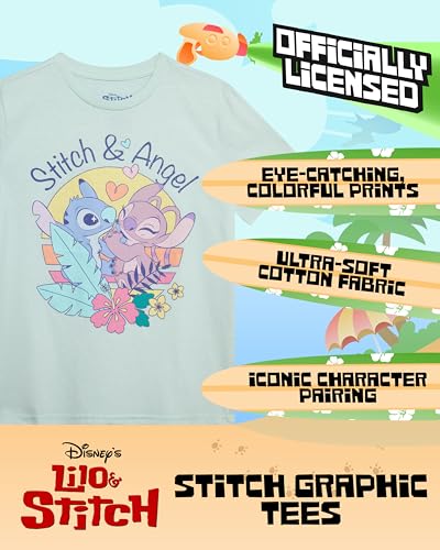 Image of Disney Girls Minnie Mouse and Lilo Cotton Blend Crew Neck Graphic T-Shirt | Officially Licensed, Soft Feel, Relaxed Comfy Fit Kids Love, Fun Character Prints, Great for School, Play and Everyday
