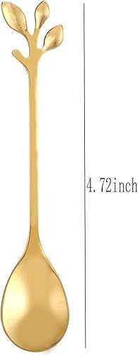 Miniatura 2 de Juego de 12 cucharas de café de acero inoxidable con hojas doradas, cucharas de postre, cucharas de té y azúcar, juego de cucharas para helado o