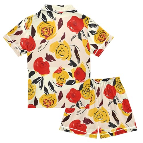 ALAZA Yellow Red Rose Flower Pajamas Satin Pajama Set Short Sleeve Button Down Sleepwear2