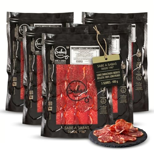 SABE A SABAS Lomito Embuchado Iberico de Bellota 100% 5 Sobres de 80 g 400 g Loncheado en Sobres Cana de Lomo Iberica Curado Corte Fino Listo para Comer Aperitivo Tabla Regalo Gourmet Tapas Sin Gluten
