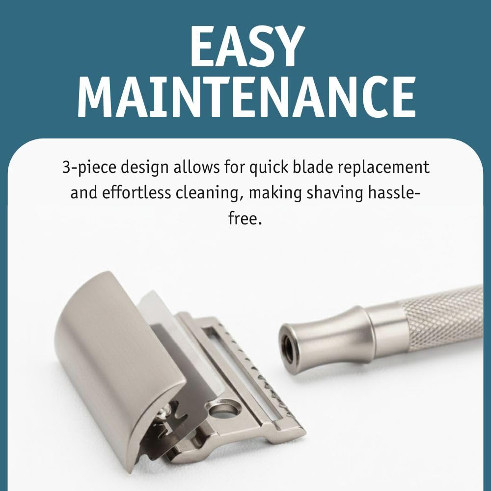 MERKUR 23 INOX Stainless Steel Double Edge Safety Razor, Satin Finish, Long Knurled Handle, Three Piece, Closed Comb