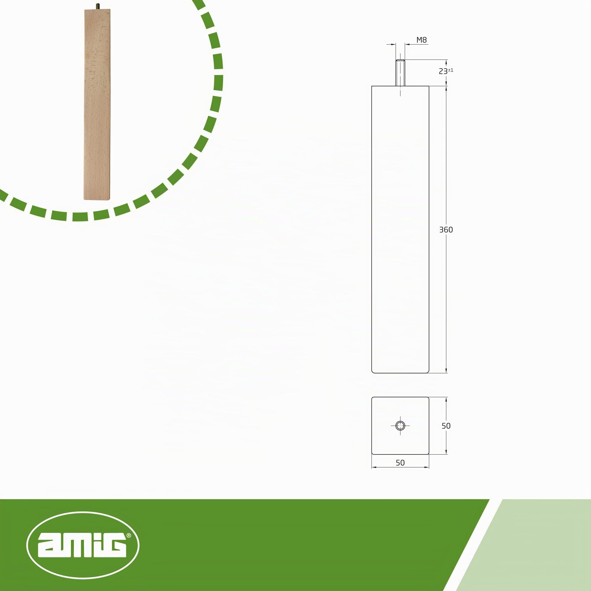 Amig - Pied Carré pour Meuble, Pied en Bois de Hêtre avec Finition Naturelle, Pieds de Remplacement pour Canapés, Lits, Tables, Fixation : Tige Métallique Métrique 8, Dimensions : 50 x 50 x 360 mm