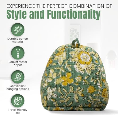 Cotton Hand Block Floral Print Toiletry Bag For Women Make Up Cosmetic Bag Jewelry Organizer Kit Storage Case Travel Accessories Essential Toiletries Purse Pouch (Green - Set of 3, Small Medium Large)3