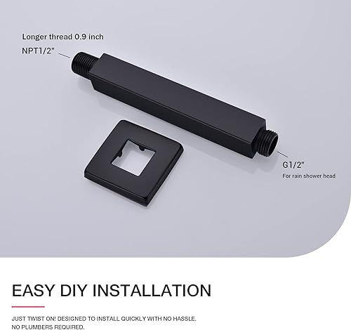 Miniatura 3 de Brazo de ducha negro con brida cuadrada para techo de extensión para cabezal de ducha de lluvia, 6 pulgadas