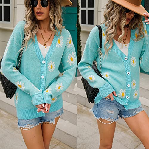 Image of Women's Floral Print Long Sleeve V-Neck Sweaters Button Down Ribbed Cuffs Knit Cropped Cardigan Sweater
