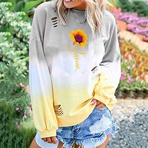 Sunmoot Clearance Sale Women's Gradual Long Sleeve Pullover Flowers Sunflower Graphic Tearing Hole Crew Neck Sweatshirts Tops Yellow