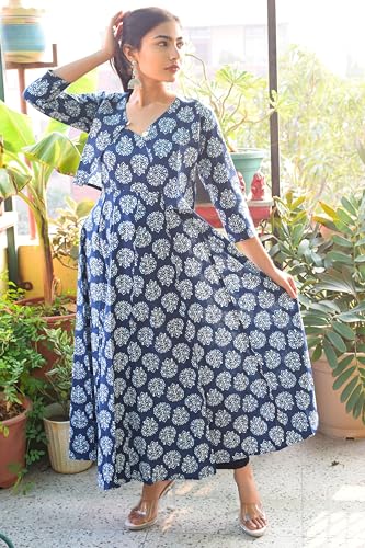 Image of JAIPUR HAND BLOCK Cotton Sleeveless Long Flared A Line Dress|Gown (S00063)
