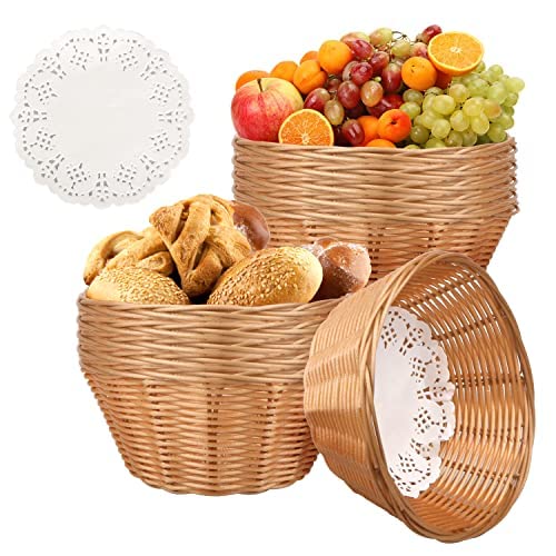 12 Pcs Round Small Plastic Bread Basket, Wicker Basket for Serving 7x7x3 Inch Woven Food Storage Basket, Fruit Basket, Gift Basket (Comes with Food Blotting Sheets) Brown