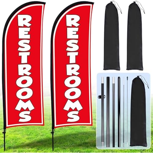 Buryeah 2 Sets Restrooms Feather Flag with Pole Kit, 7 ft, Red