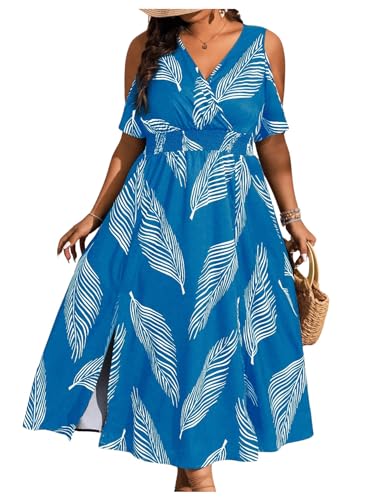 Image of Floerns Women's Plus Size Cold Shoulder Tropical Print V Neck Flared A Line Long Dress
