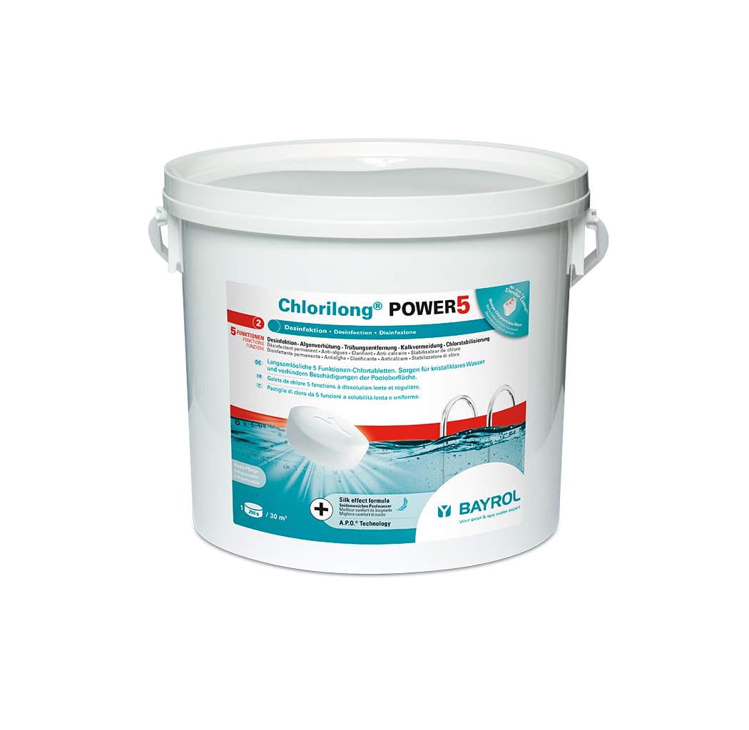 BAYROL Chlorilong POWER 5 - Pool Desinfektion - 5 in 1 Chlortabletten 250g, sehr hoher Aktivchlor Gehalt, langsam löslich - 5 kg