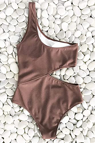 Cupshe Women's One Piece Swimsuit One Shoulder Cut Out Ribbed Swimwear Bathing Suits Coffee M #TOP4