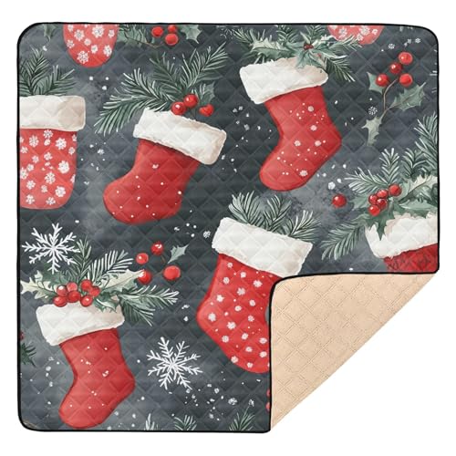 BOESI Doodle Christmas Stocking Pattern Baby Play Mat, 50“ X 50” Washable Folding Crawling Mat, Baby Floor Mat, Soft, Thick, Non-Slip