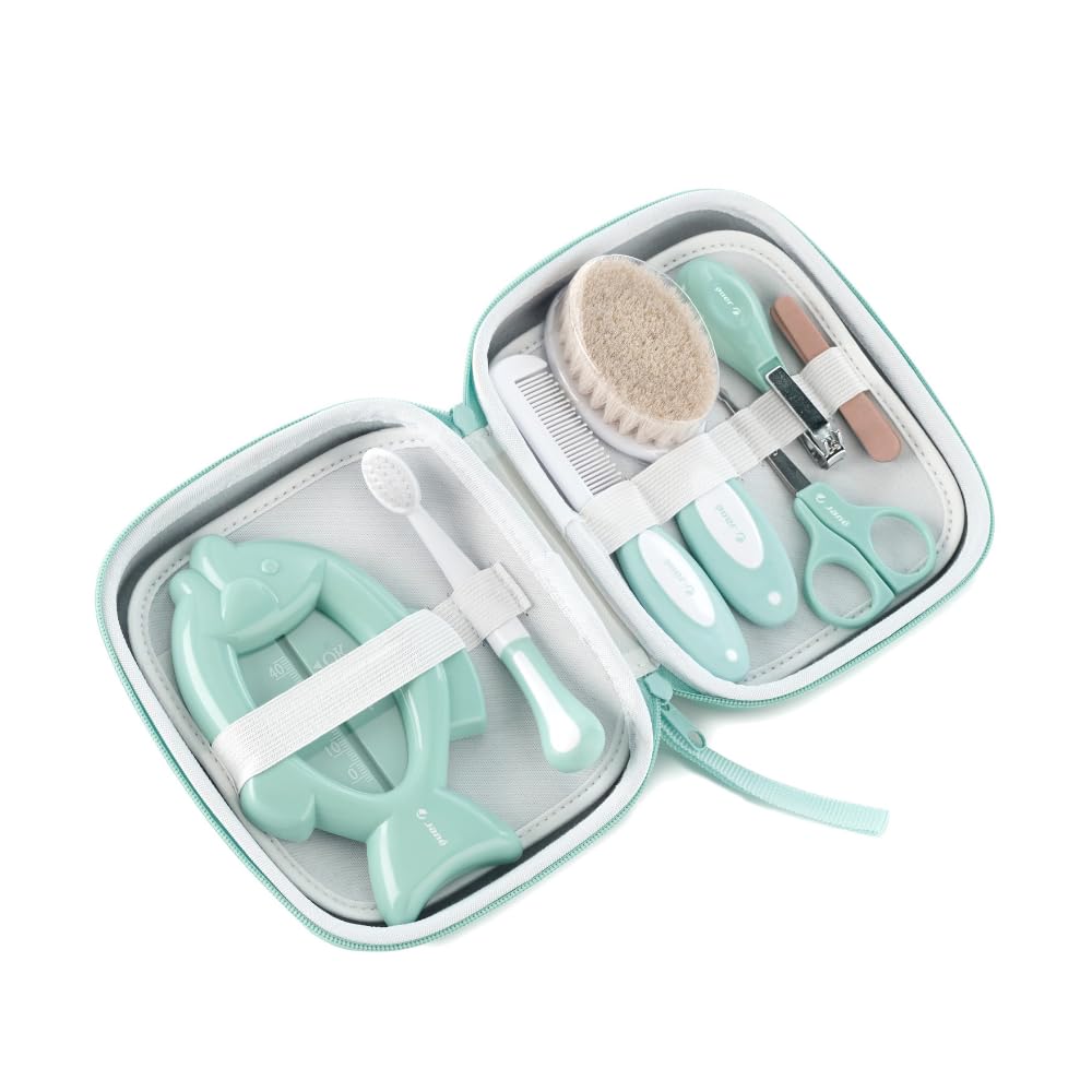 Jané Kit Igiene Bambino con Necessaire, Set Completo Neonato (Spazzola, Pettine, Forbicine, Tagliaunghie, Lime, Spazzolino, Termometro)