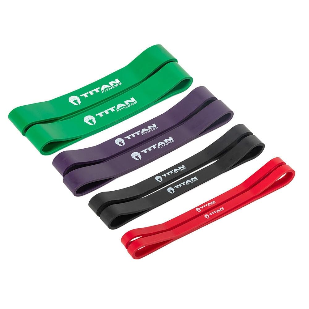 Titan Fitness 12 inch Latex Band Multi-Pack - 4 Resistance Bands - Light, Medium, Strong, Ultra - Color Coded - 12" Length - 1.75" Width