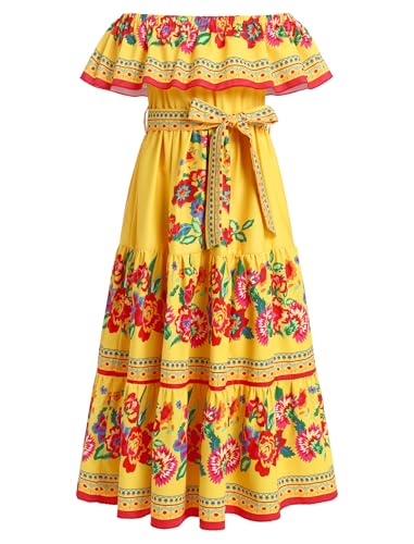 Girls Mexican Dress Off Shoulder Cinco de Mayo Dresses Traditional Folk Floral Print Long Maxi Dress with Belt Summer