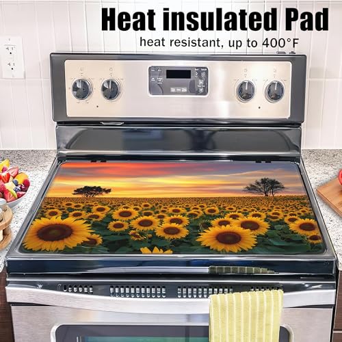 Image of Electric Stove Top Cover,Sunflower Field Stove Cover for Glass Top Electric Stove,Rustic Flowers Heat Resistant Flat Top Stove Mat Countertop Protector, 28 x 20 Inch